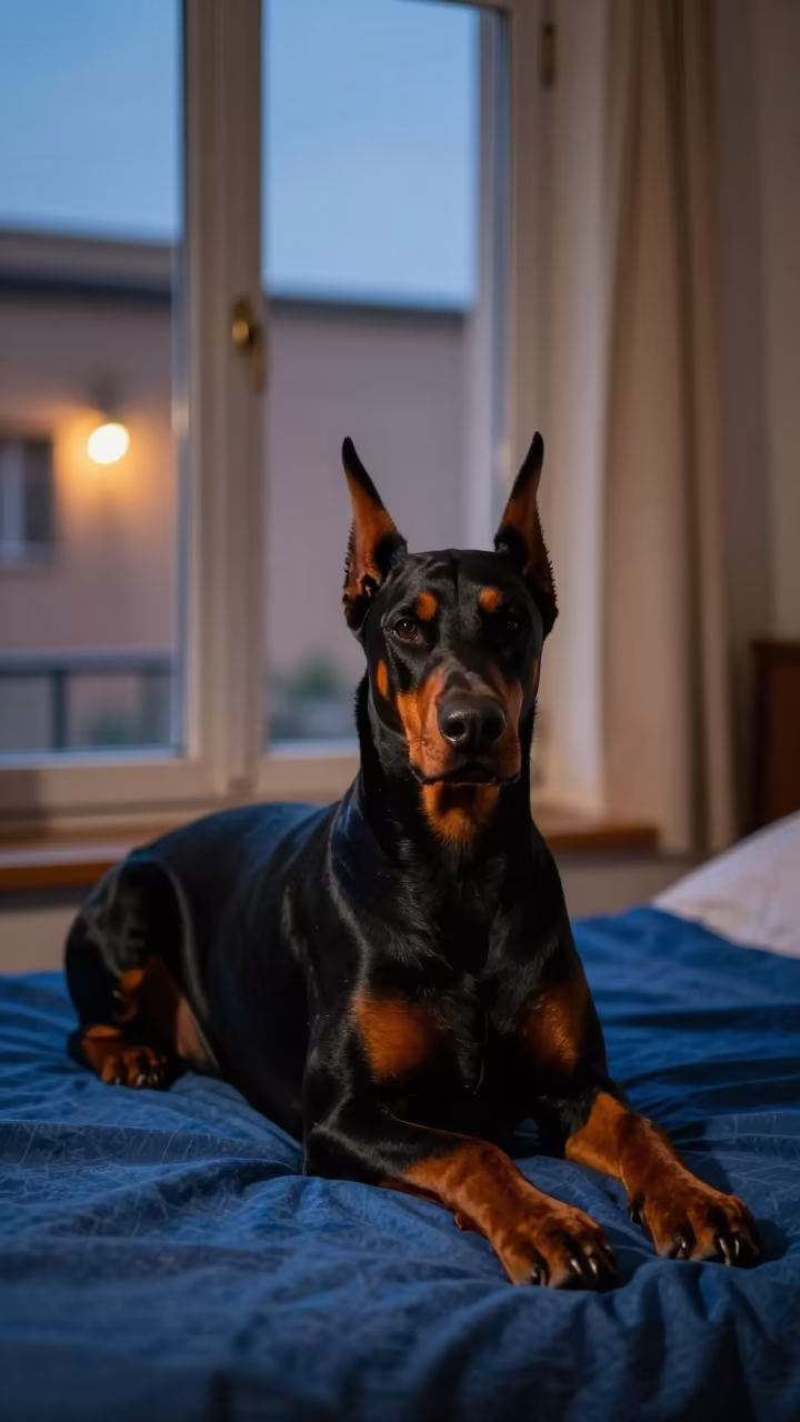 Doberman Pinscher Resting on Bedspread in on a bedspread near a bright window with calm indoor light in Ksar el-Kebir