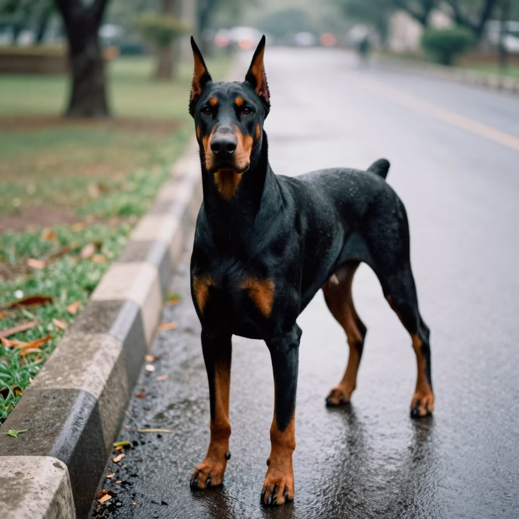 Doberman Portrait in Cool Dawn Light Navi Mumbai in along a quiet park path with soft open shade and a clean background near Navi Mumbai