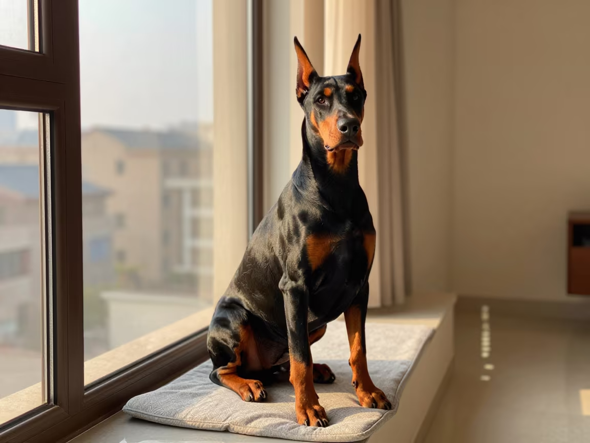 Doberman Portrait in Golden Window Light in on a cushioned window seat with soft side light and an uncluttered background in Fuzhou