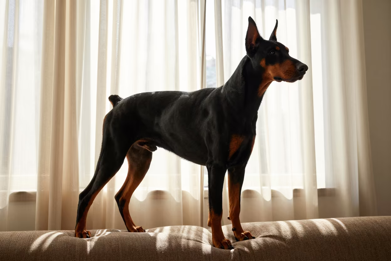 Doberman Portrait in Tepic Noon Light in on a sofa near a curtained window with calm indoor light in Tepic