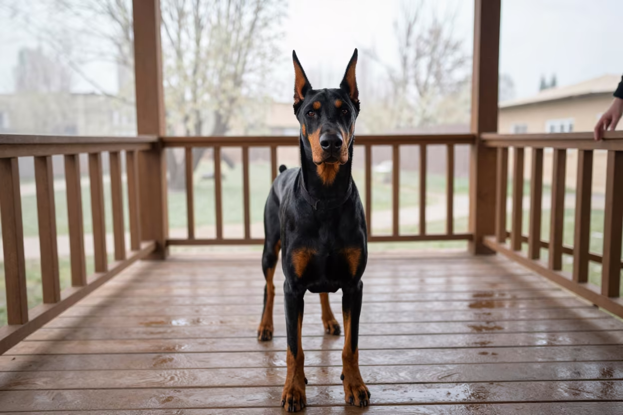 Doberman Portrait on Shaded Sulaymaniyah Porch in on a shaded front porch with boards, railings, and eye-level framing in Sulaymaniyah