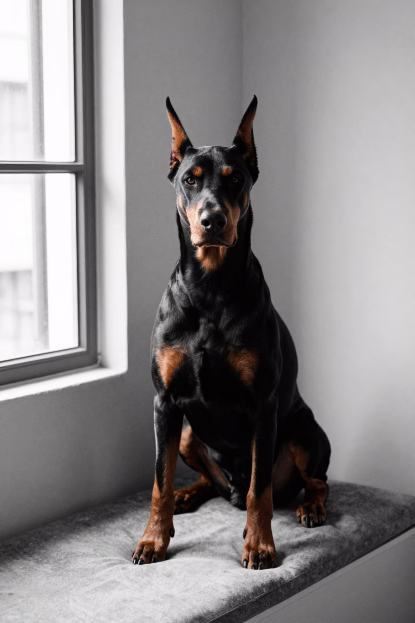 Doberman Portrait on Window Seat Near Prayagraj in on a cushioned window seat with soft side light and an uncluttered background near Prayagraj
