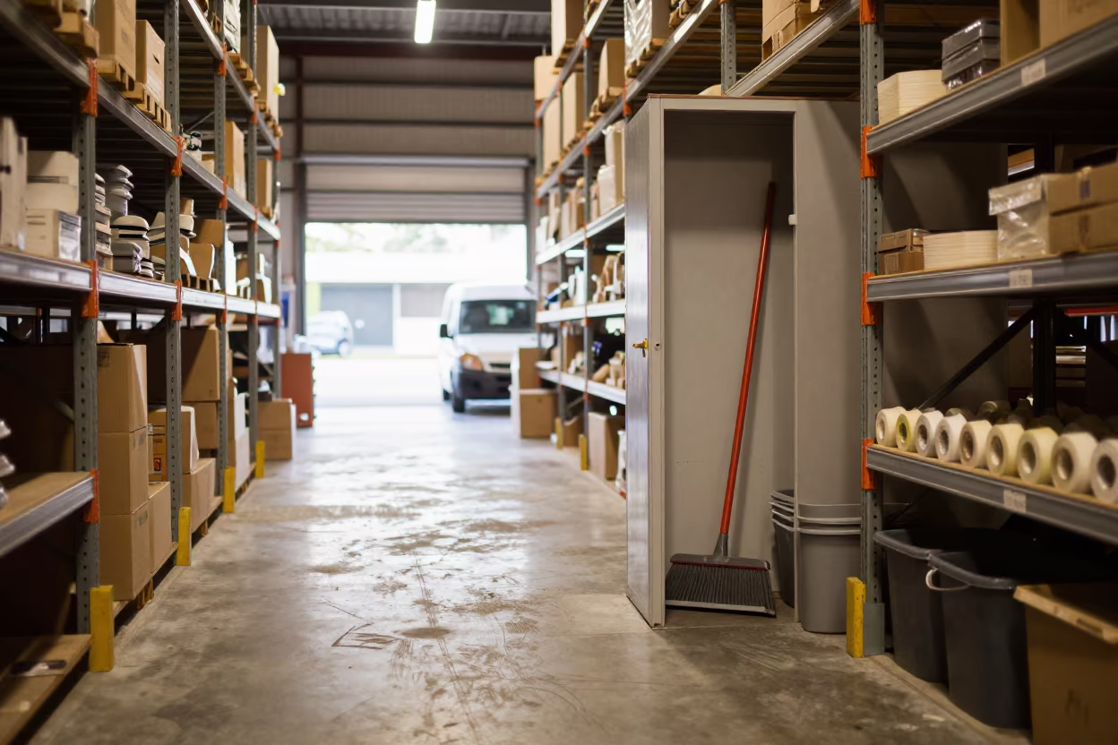 Dock broom closet in Auckland warehouse in inside a warehouse aisle near Parnell, Auckland