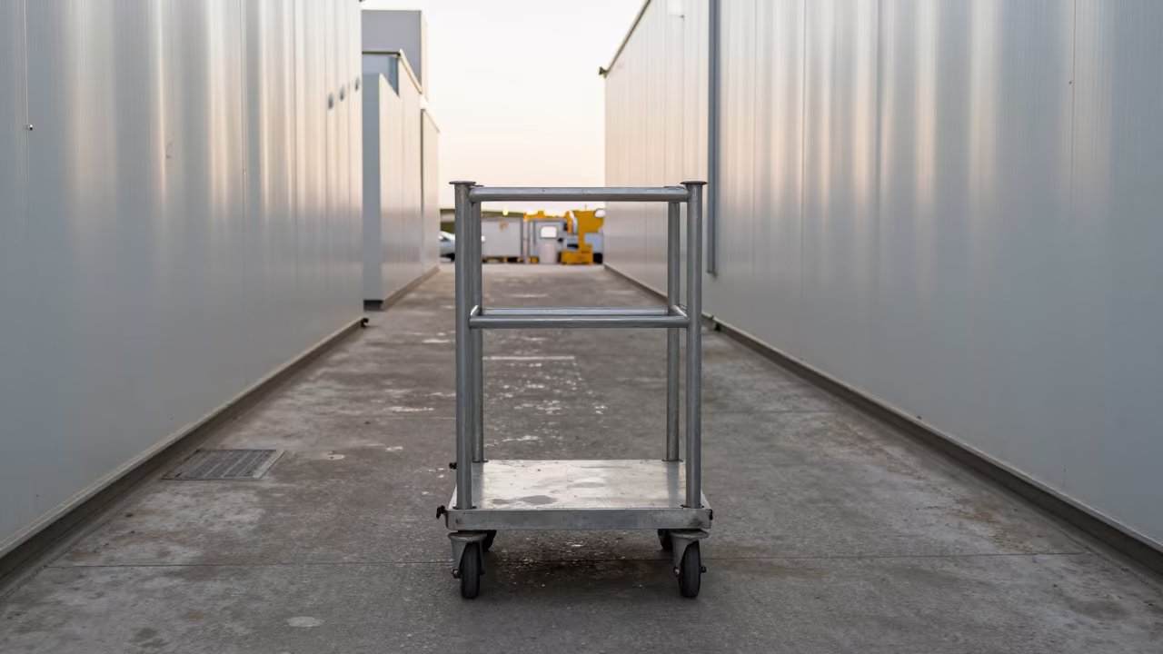 Dock Lane Stanchion Cart in Late Afternoon Light in inside a chilled distribution bay near Tel Aviv