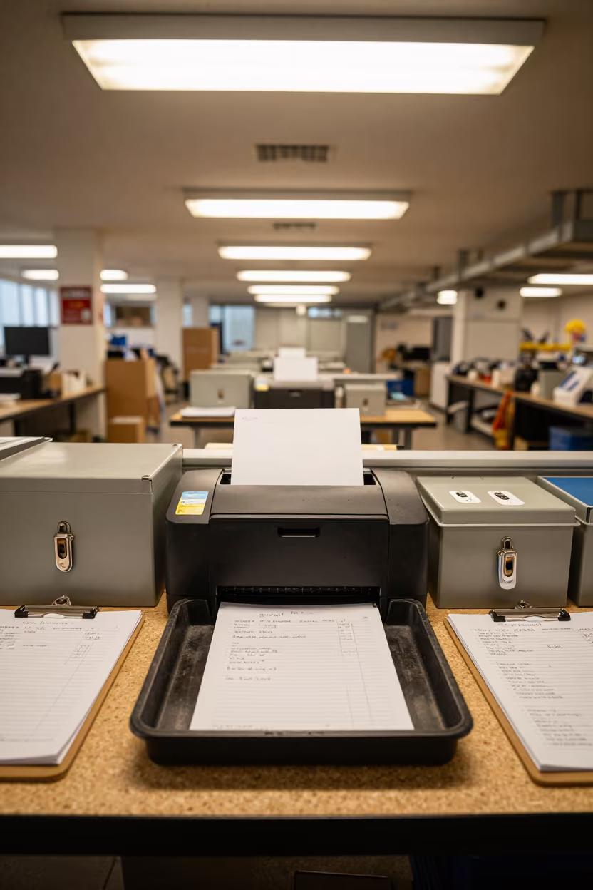 Dock Overage Note Tray Under Office Fluorescents in inside a cross-dock lane near Carmel Market, Tel Aviv
