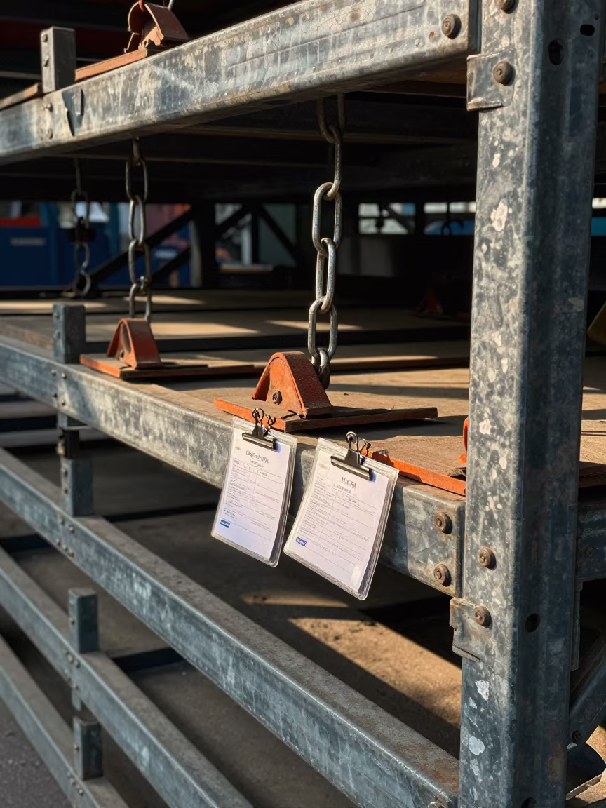 Dock Plate Storage Bay with Chocks and Cards in inside a warehouse aisle near Mumbai