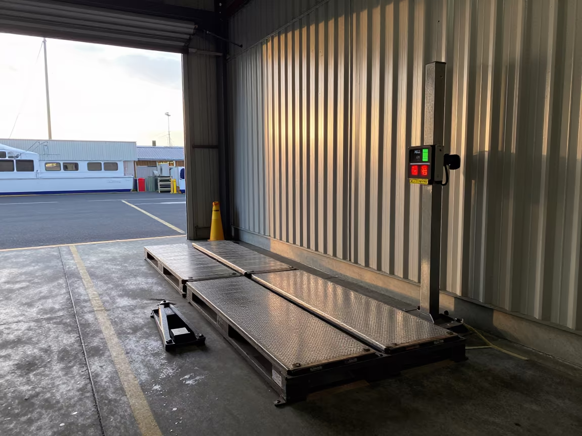 Dock Scale Station with Ramps and Floor Jack in inside a warehouse aisle in Devonport, Auckland
