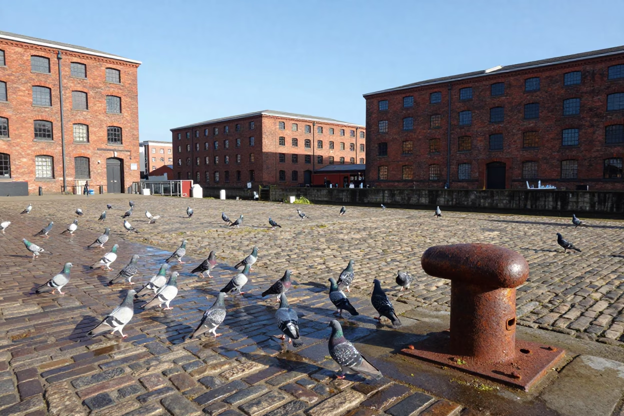 Dock Scene in Liverpool at The Flat Glare Of Noon Light in in Liverpool, United Kingdom