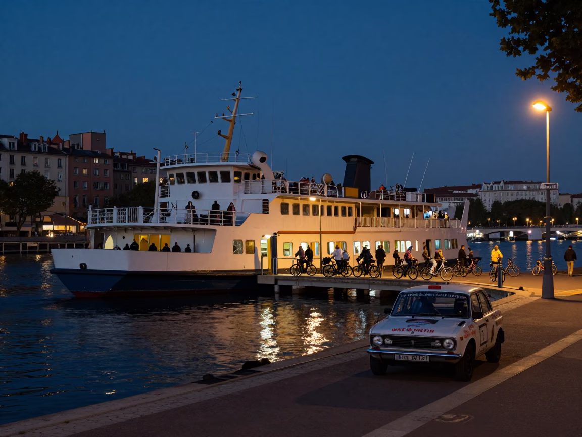 Dock Scene in Lyon at The Predawn Darkness Light in in Lyon, France