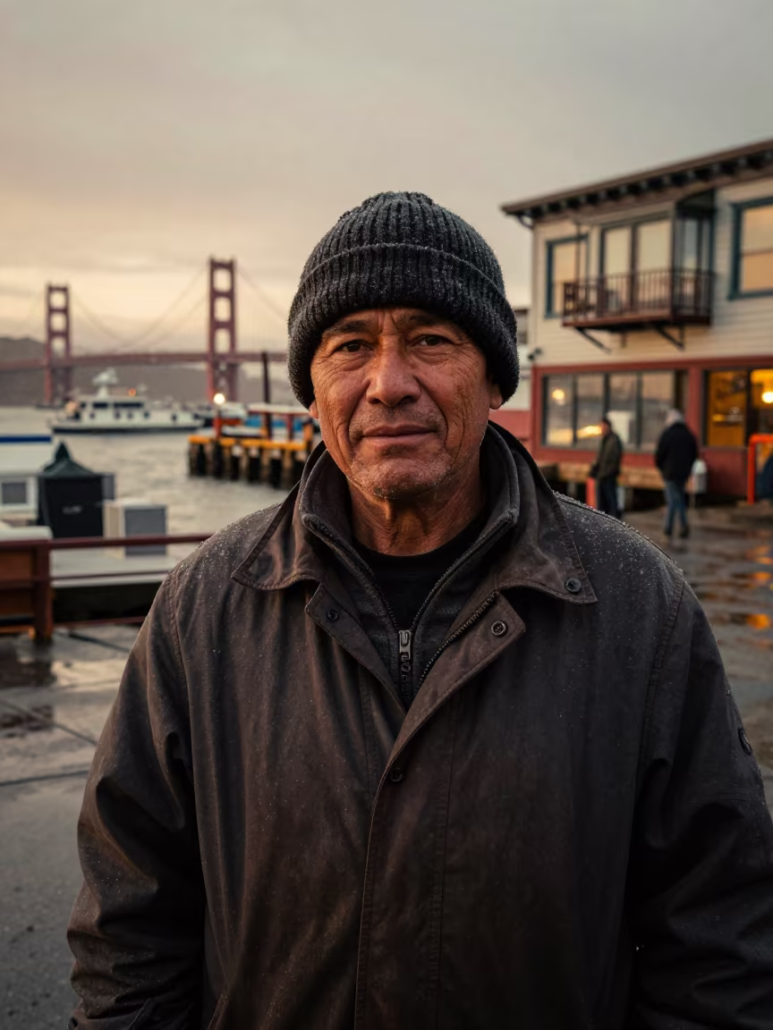 Dock Worker Portrait Chinatown Harbor Dawn in at a harbor edge in Chinatown, San Francisco