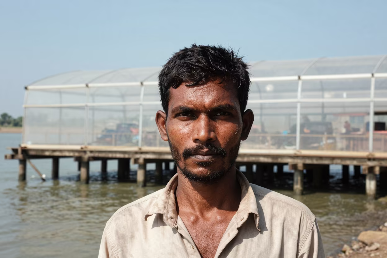 Dock Worker Portrait Under Greenhouse Glow Noon in near a riverside landing in Vellore