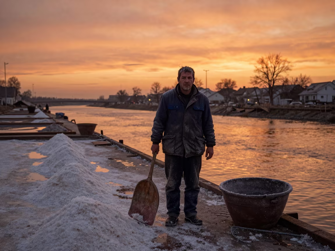 Dock Worker Portrait in Oradea Twilight in beside a canal in Oradea
