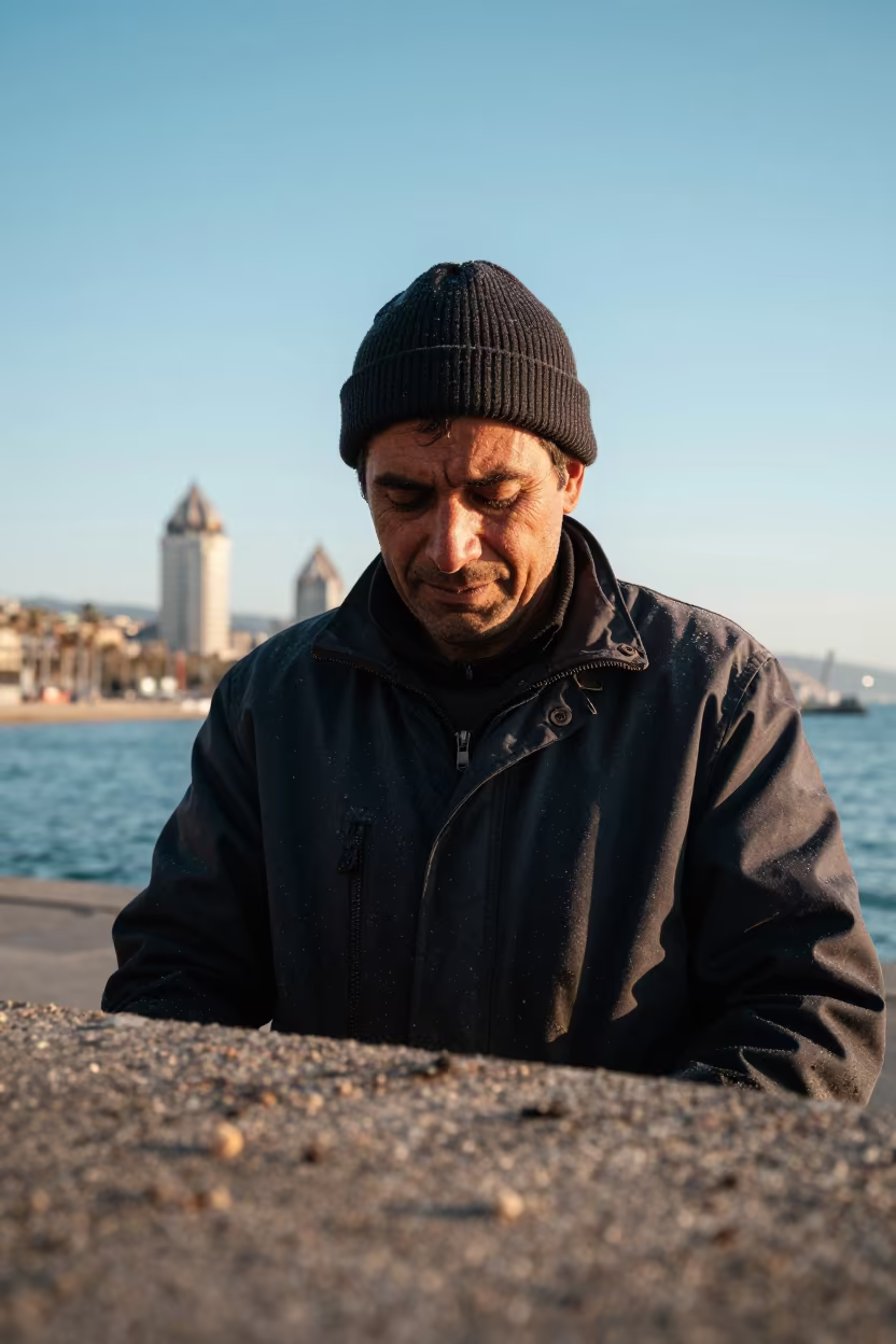 Dock Worker Portrait in Poble Sec with Sea Spray in in Poble Sec, Barcelona