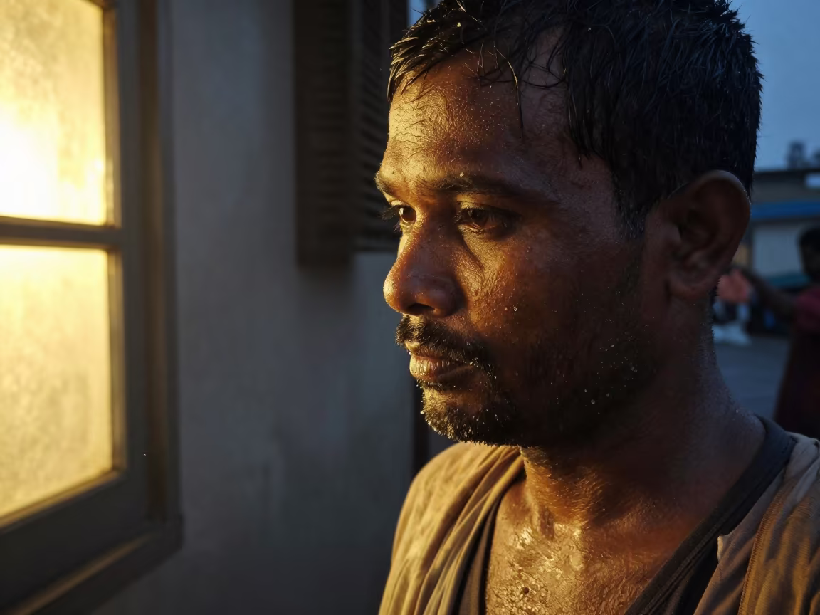 Dock Worker Portrait in Predawn Kolkata Monsoon in near Sovabazar, Kolkata