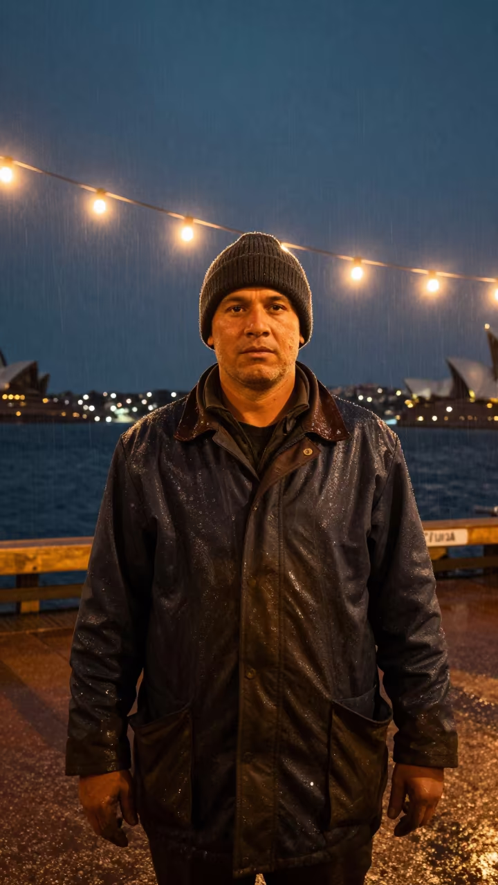 Dock Worker in Redfern Sydney Under String Lights in in Redfern, Sydney