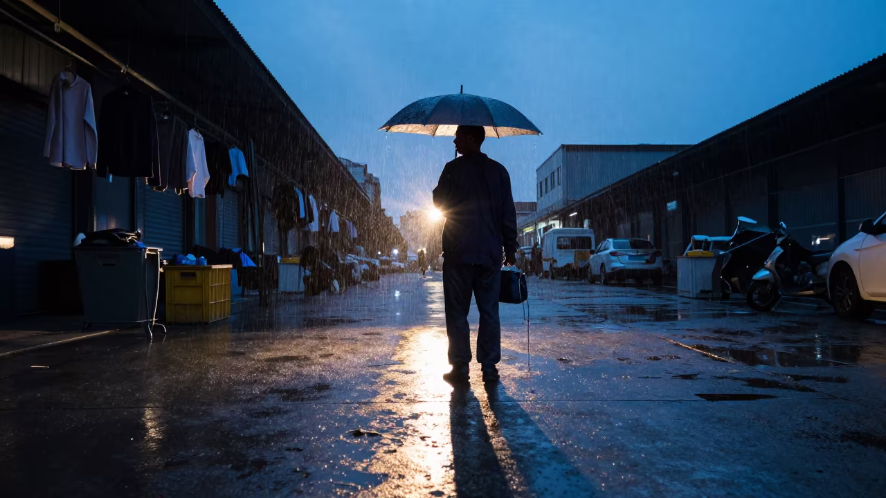 Dock Worker Silhouette in Hefei Rain in along a market lane in Hefei
