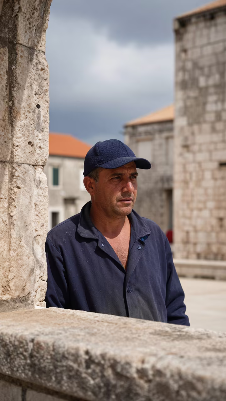 Dock Worker in Split Palace Shade with Sea Spray in in Diocletian's Palace, Split