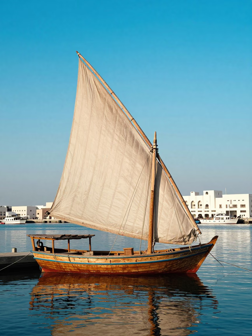 Docked Harbor in Muscat at Bright Midmorning Light in in Muscat, Oman