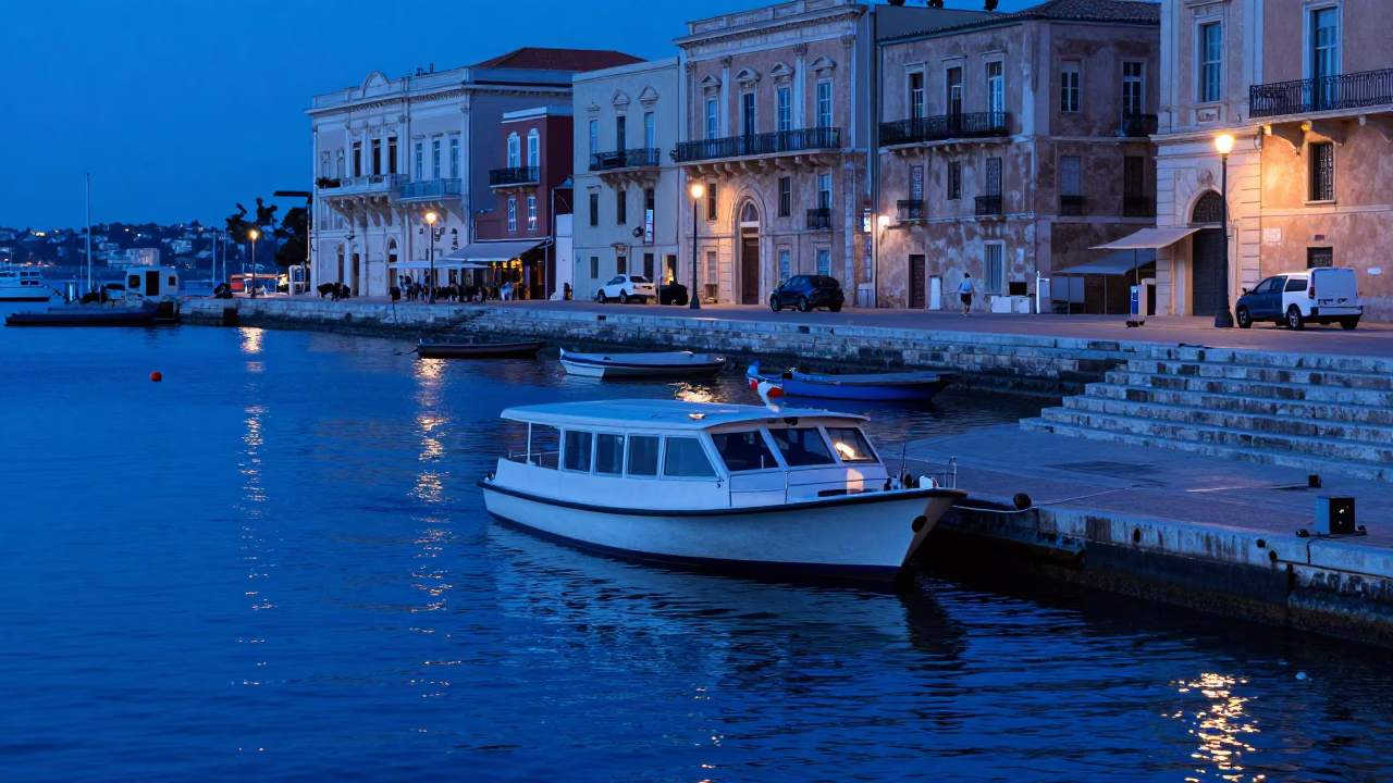 Docked Harbor in Naples at The Last Blue Light Of Evening in in Naples, Italy