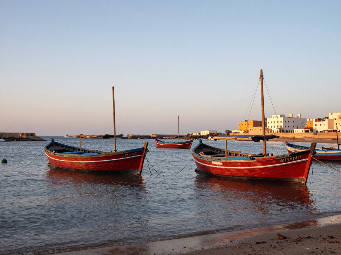 Docked Port in Essaouira at The Early Evening Light in in Essaouira, Morocco