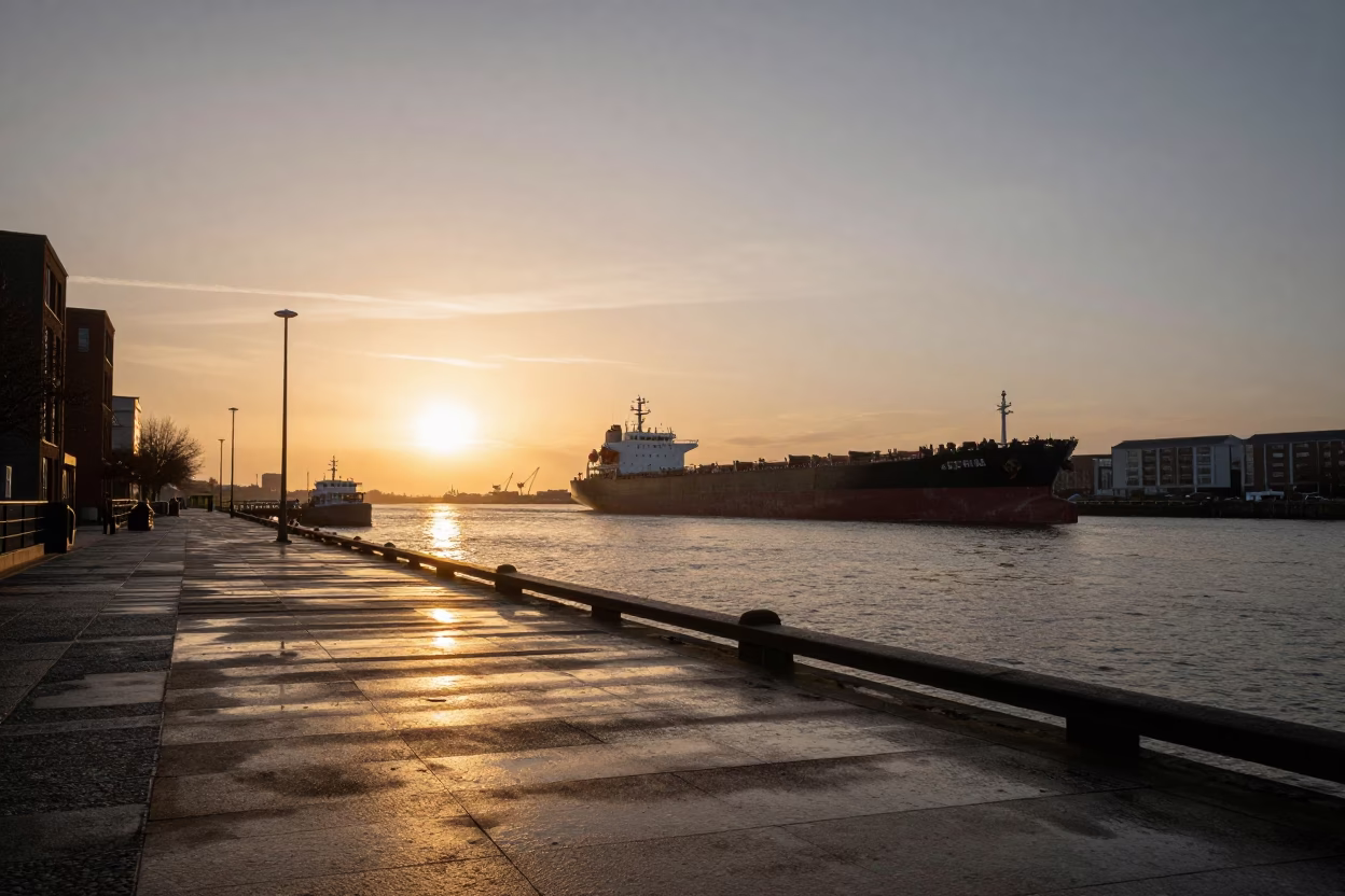 Docks in Liverpool at As The Sun Drops Toward The Horizon in in Liverpool, United Kingdom