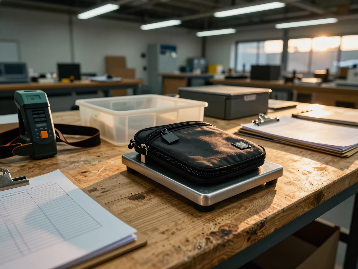 Dockside Export Pouch Scale with Sunset Reflections in on a wooden workbench in East London