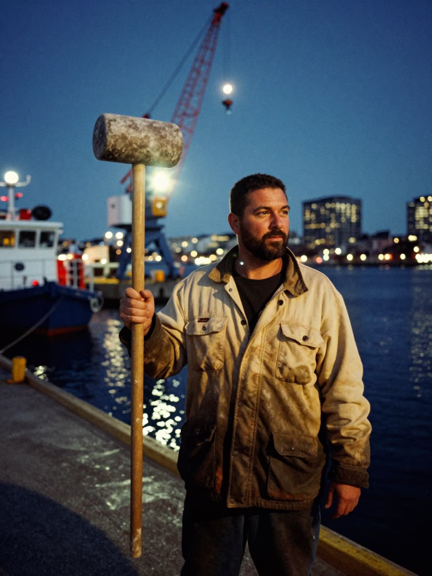 Dockworker after dark in Halifax in in Halifax, Nova Scotia, Canada