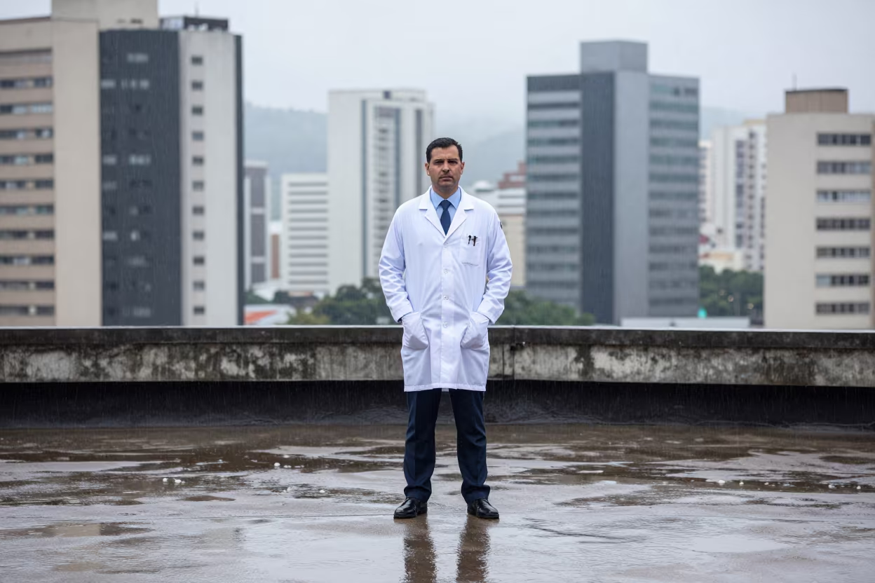Doctor on Helipad Rooftop in Rain in on a hospital rooftop helipad in Belo Horizonte