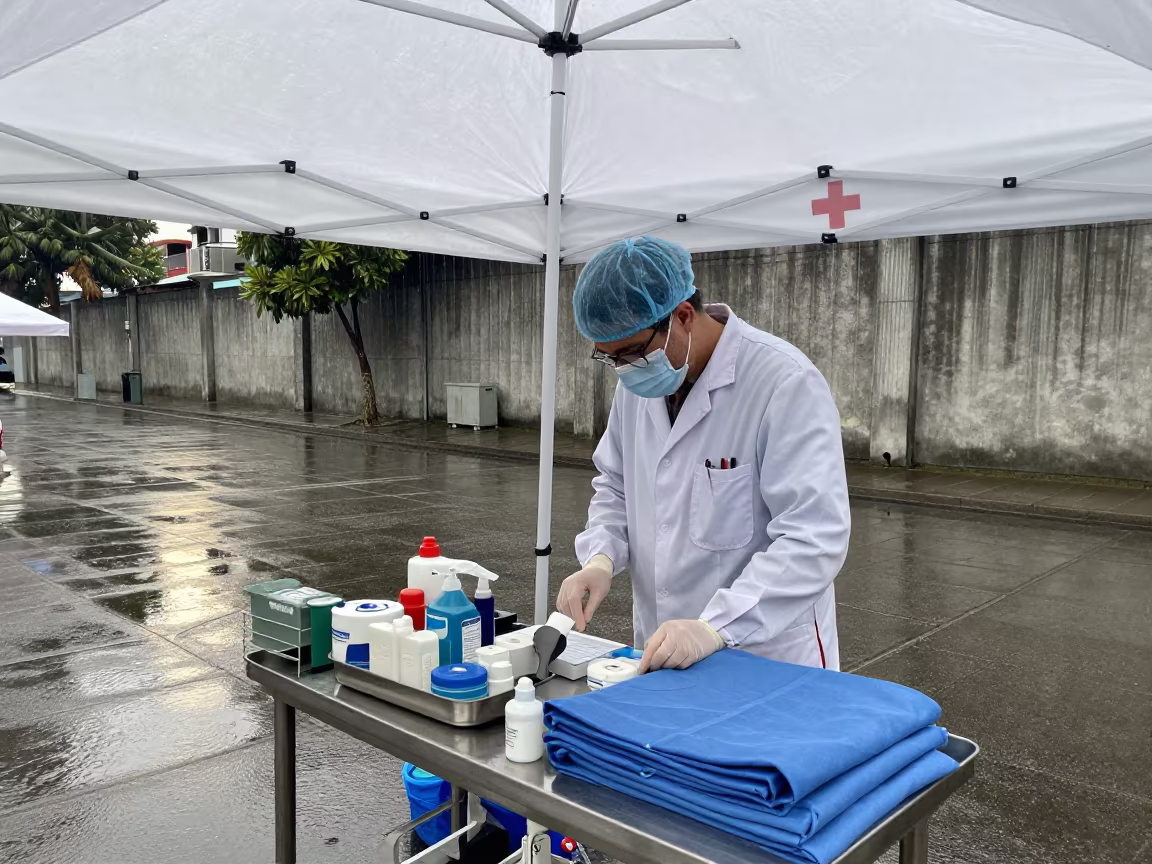 Doctor in Rain-Soaked Montevideo Field Clinic in beneath a field clinic canopy in Montevideo