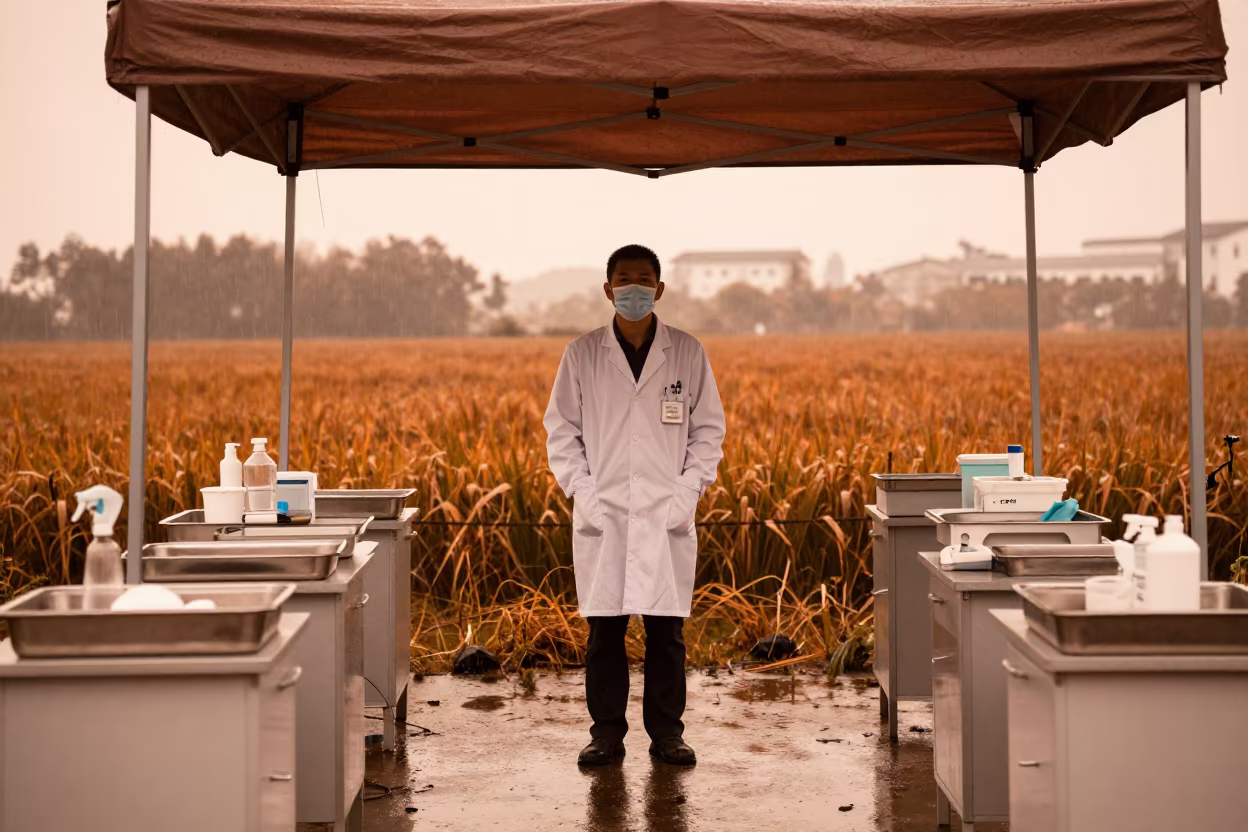 Doctor in Rain-Soaked Wuhan Field Hospital in beneath a field clinic canopy in Wuhan