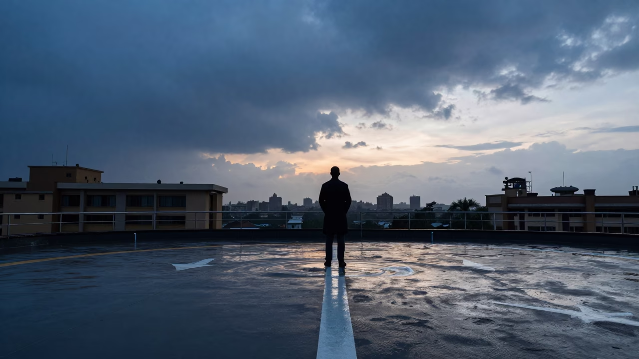 Doctor Silhouette on Addis Ababa Helipad in on a hospital rooftop helipad in Addis Ababa