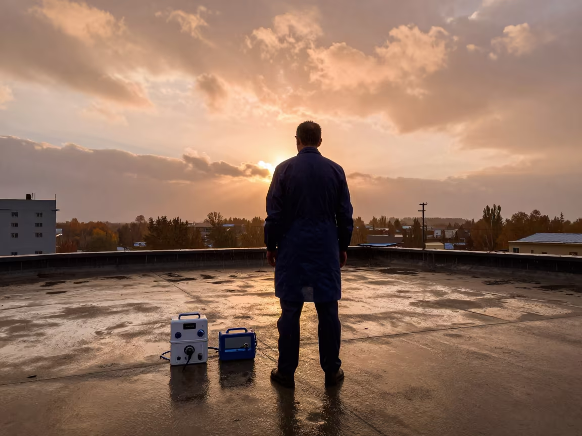 Doctor Silhouette on Rooftop Helipad Before Dusk in on a hospital rooftop helipad in Nukus