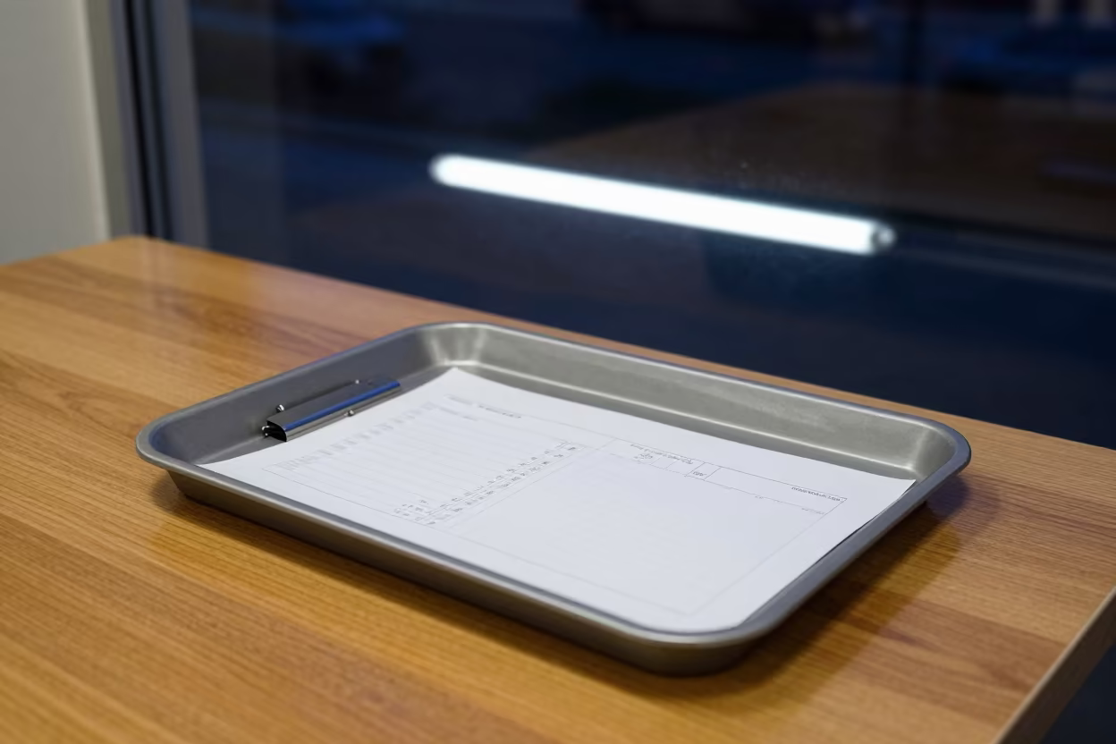 Document Clip on Steel Tray Night in on a cafe table by a window near Mosul