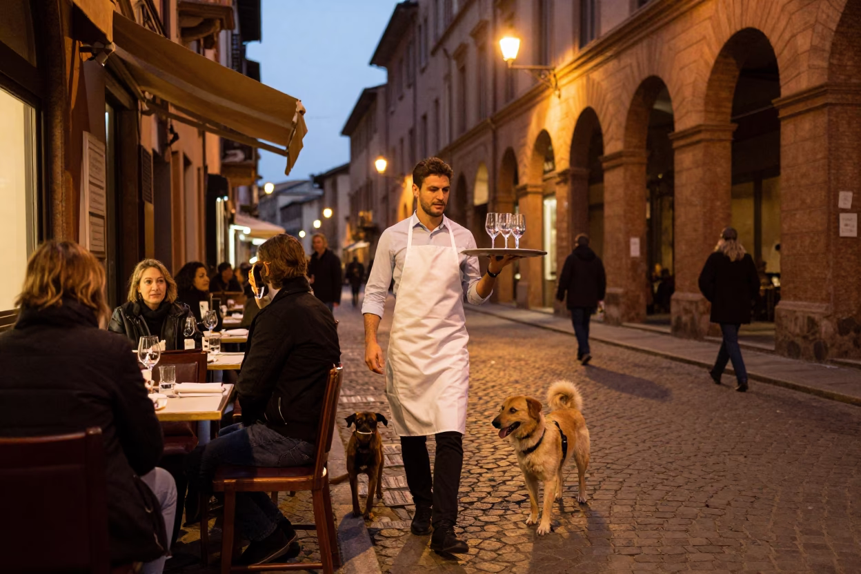 Dog after dark in Bologna in in Bologna, Italy
