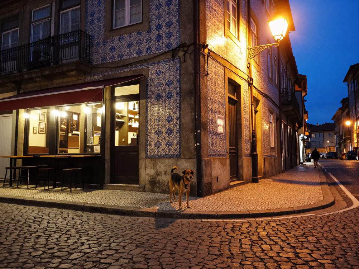 Dog after dark in Porto in in Porto, Portugal
