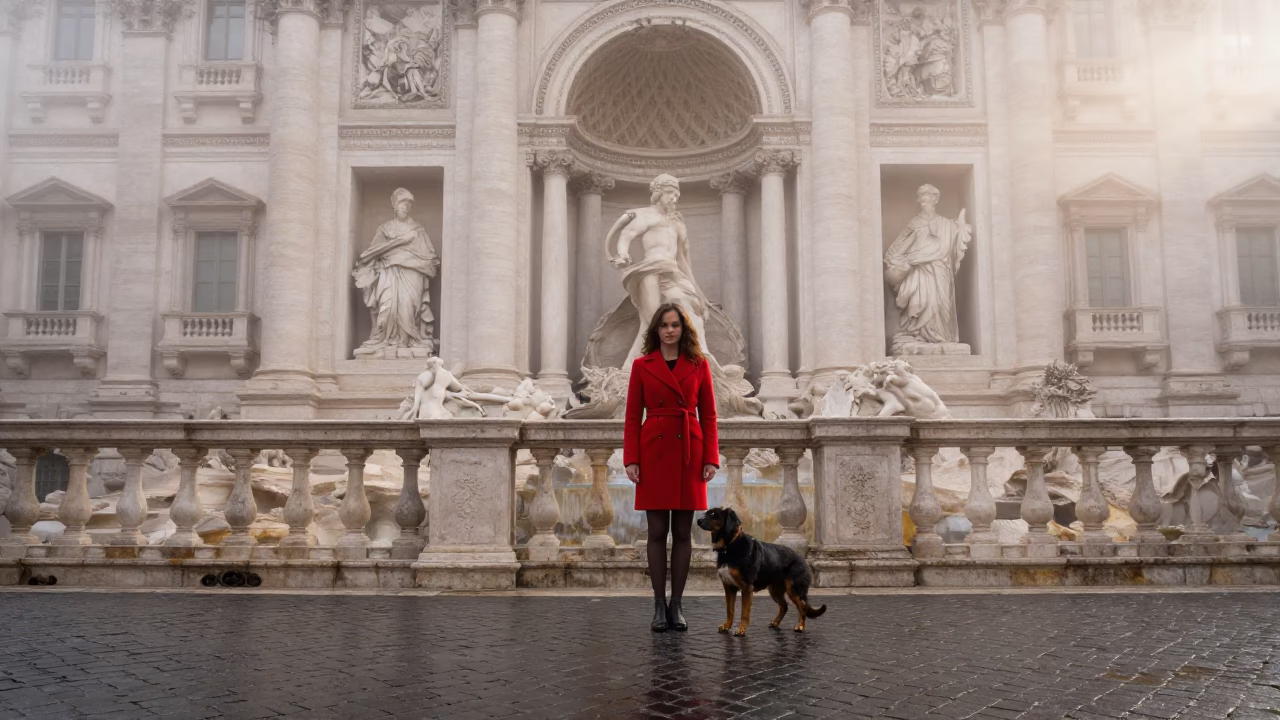 Dog at Dawn Light in in Rome, Italy