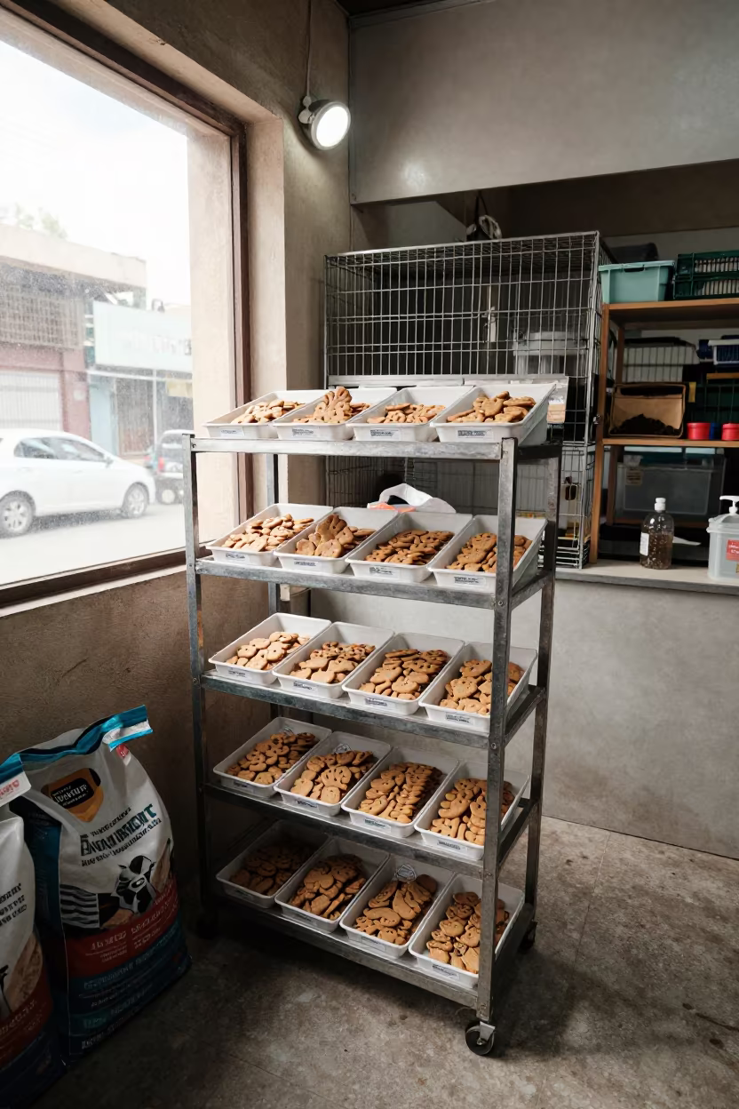 Dog Biscuit Labeling Tray in Lahore Pet Shop in inside a fish bagging counter zone in Lahore