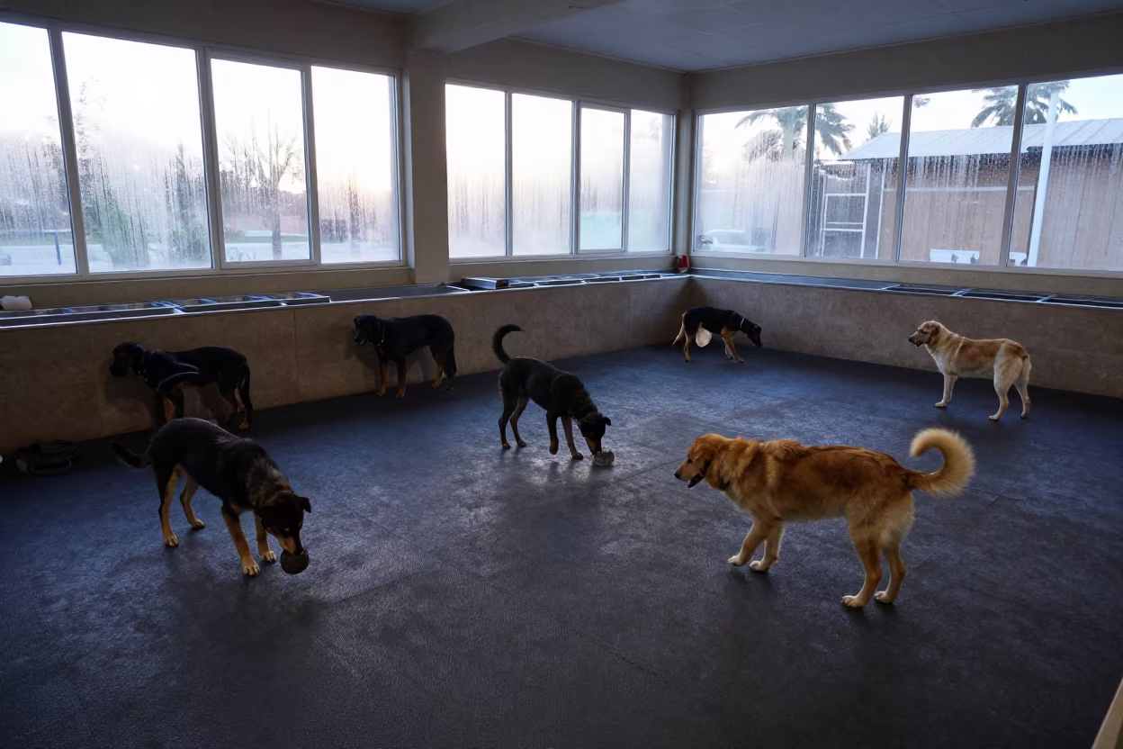 Dog Boarding Playroom Morning Light Kabul in inside a fish bagging counter zone near Kabul