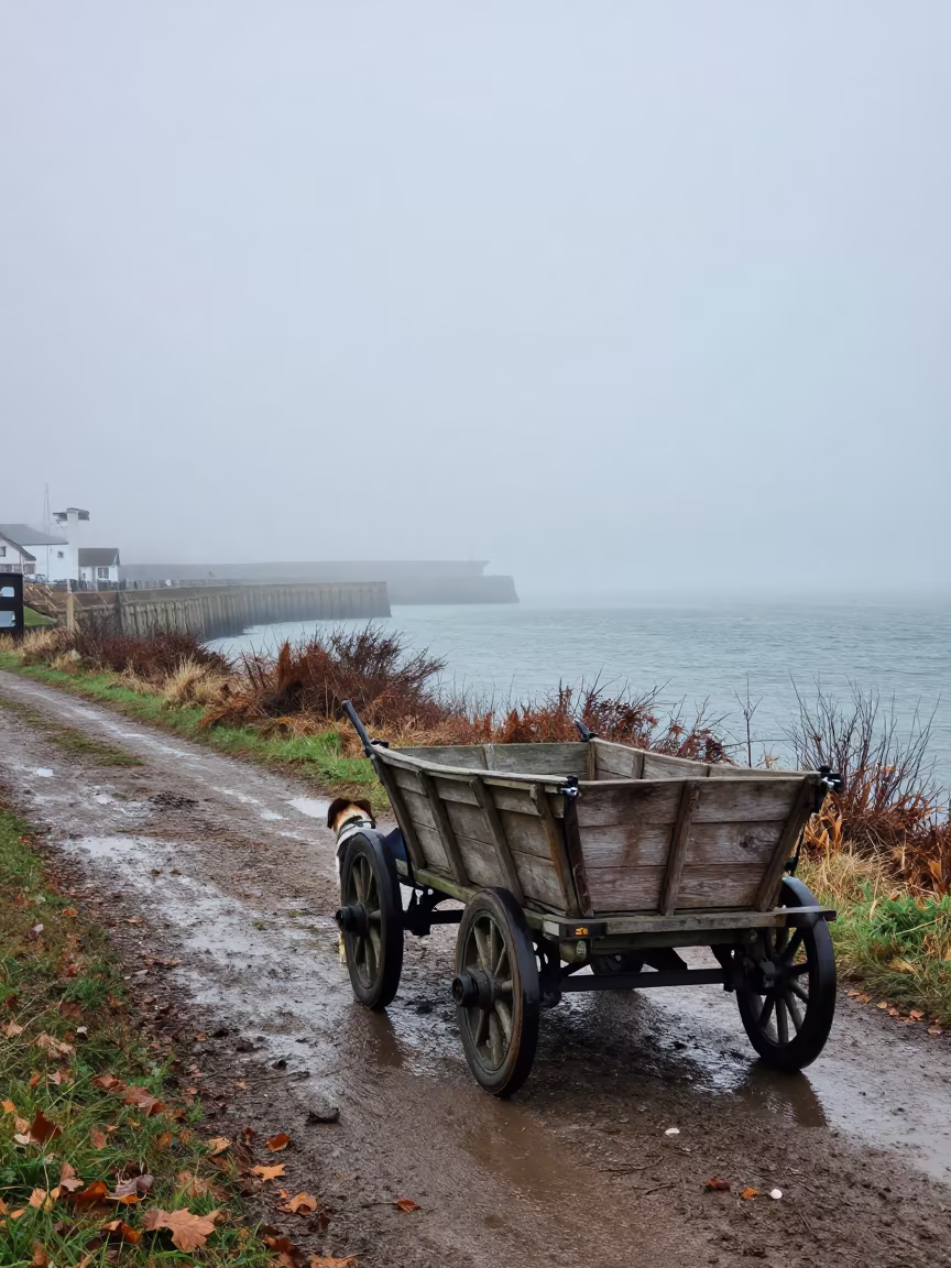 Dog Cart on Muddy Lane at Foggy Harbor in beside a fogbound harbor mouth in Bahamas