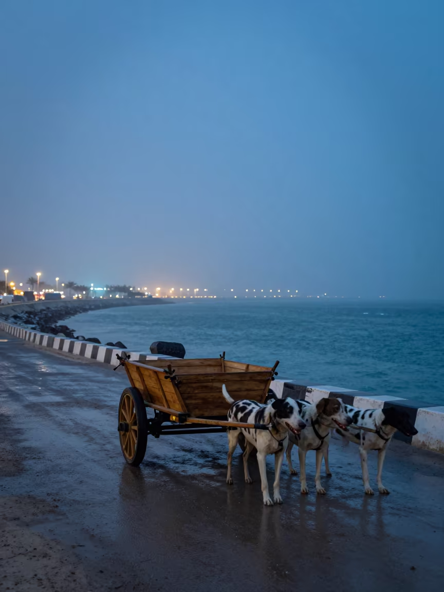 Dog Cart on Muddy Irish Lane Near UAE Harbor in beside a fogbound harbor mouth in United Arab Emirates