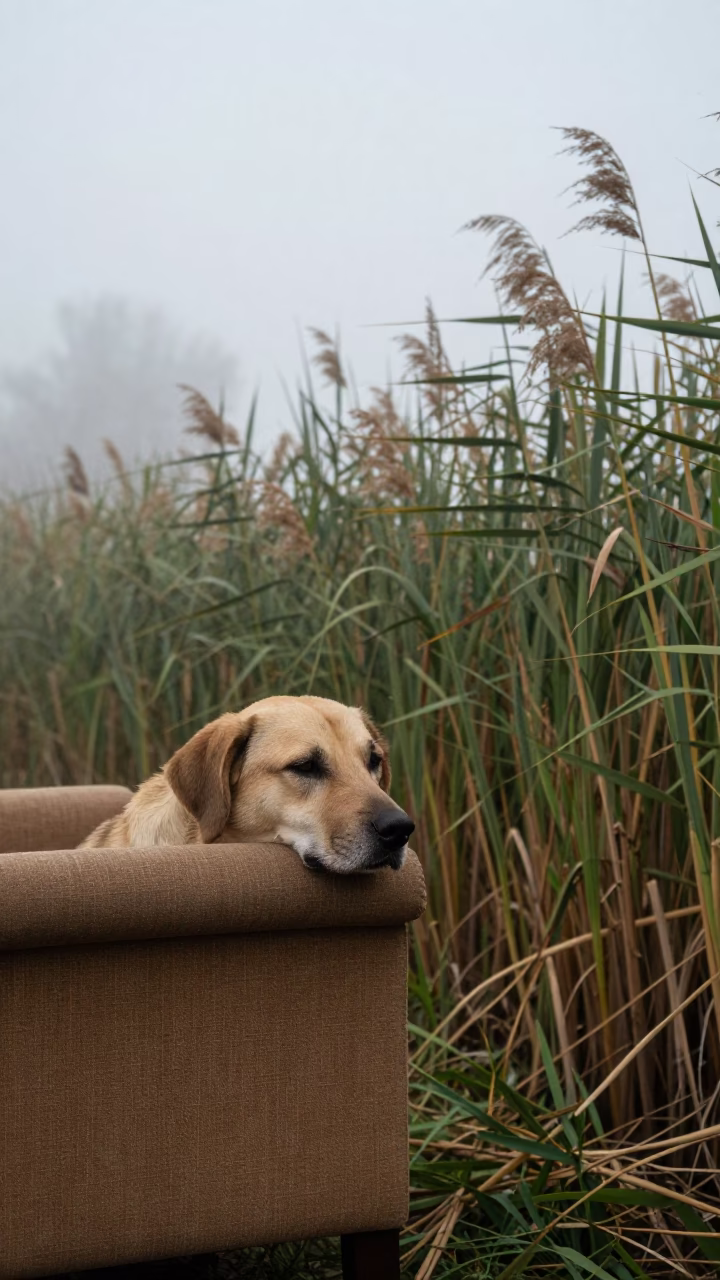 Dog Chin on Armchair at Turkish Reed Bed Mist in at the edge of a reed bed in Turkey