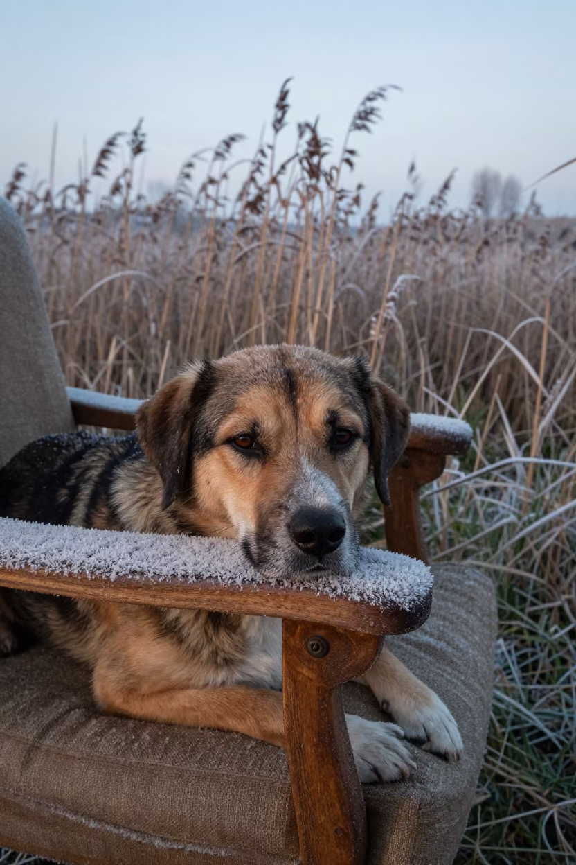 Dog Chin on Frosted Armchair in Tuscan Reeds in at the edge of a reed bed in Tuscany