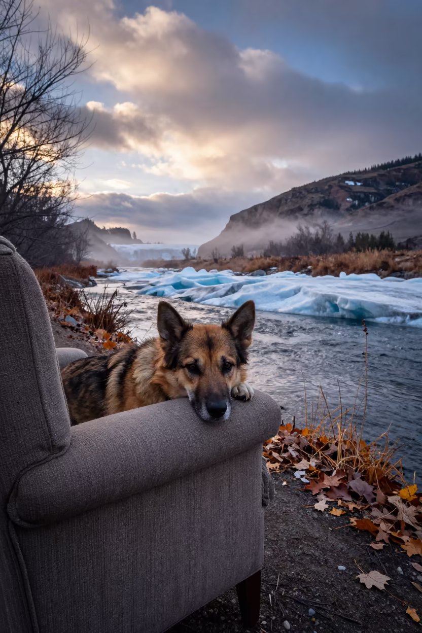 Dog Chin on Armchair Near Glacial Stream in above a glacial stream near Reno