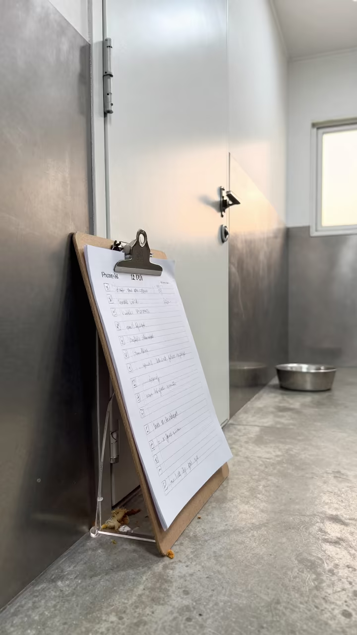 Dog Daycare Clipboard in Vijayapura Kennel Corridor in in a boarding kennel corridor in Vijayapura