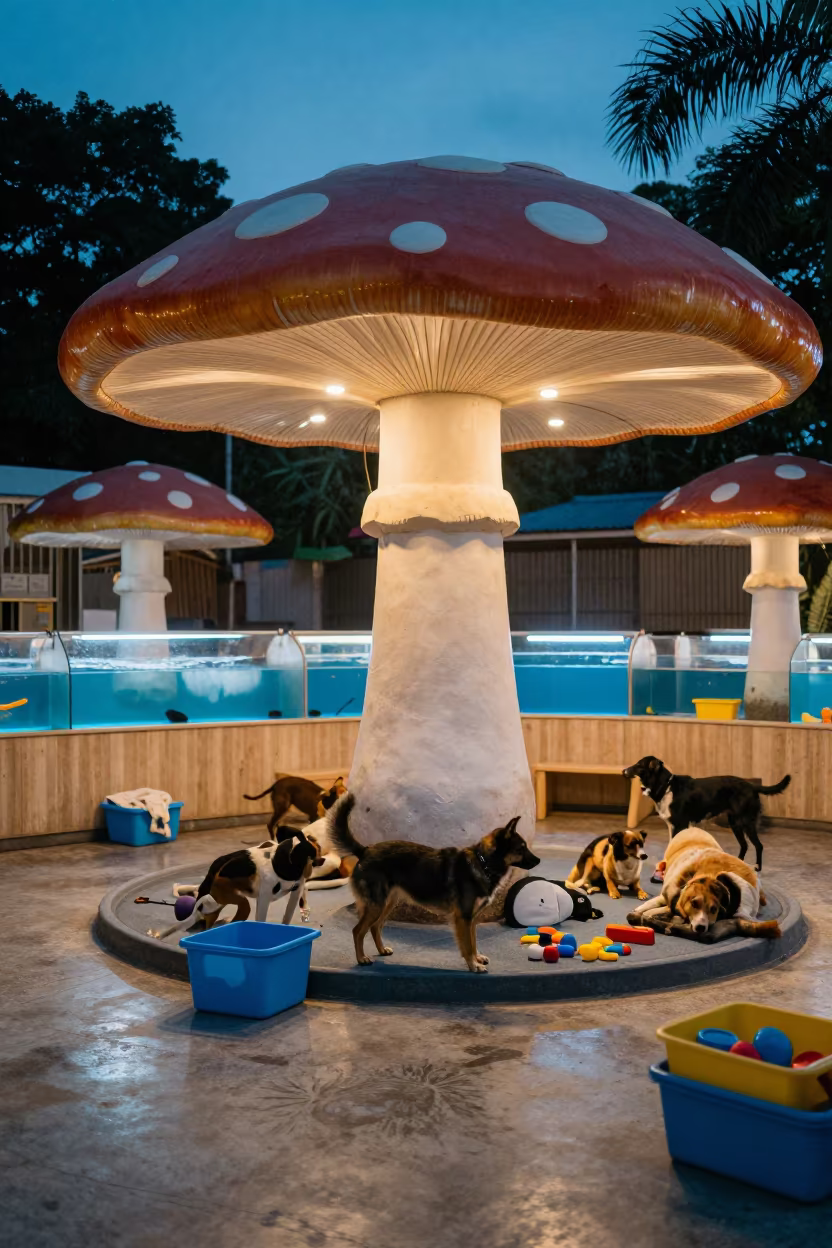 Dog Daycare Nap Room Giant Mushrooms Mumbai in inside a fish bagging counter zone in Dadar, Mumbai
