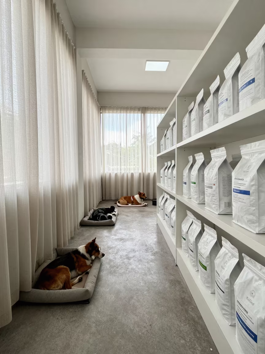 Dog Daycare Nap Room Quiet Morning Light in in a boarding kennel corridor near Chingola