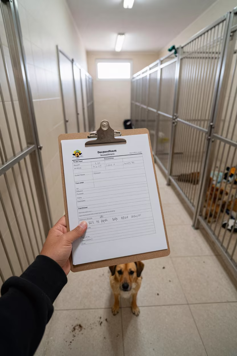 Dog Daycare Report Card Clipboard in Dakar Kennel in in a boarding kennel corridor near Medina, Dakar