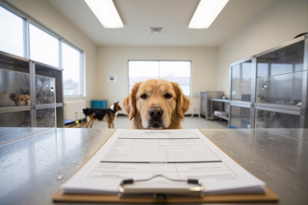 Dog Daycare Report Clipboard in Medina Washroom in inside an adoption room in Medina