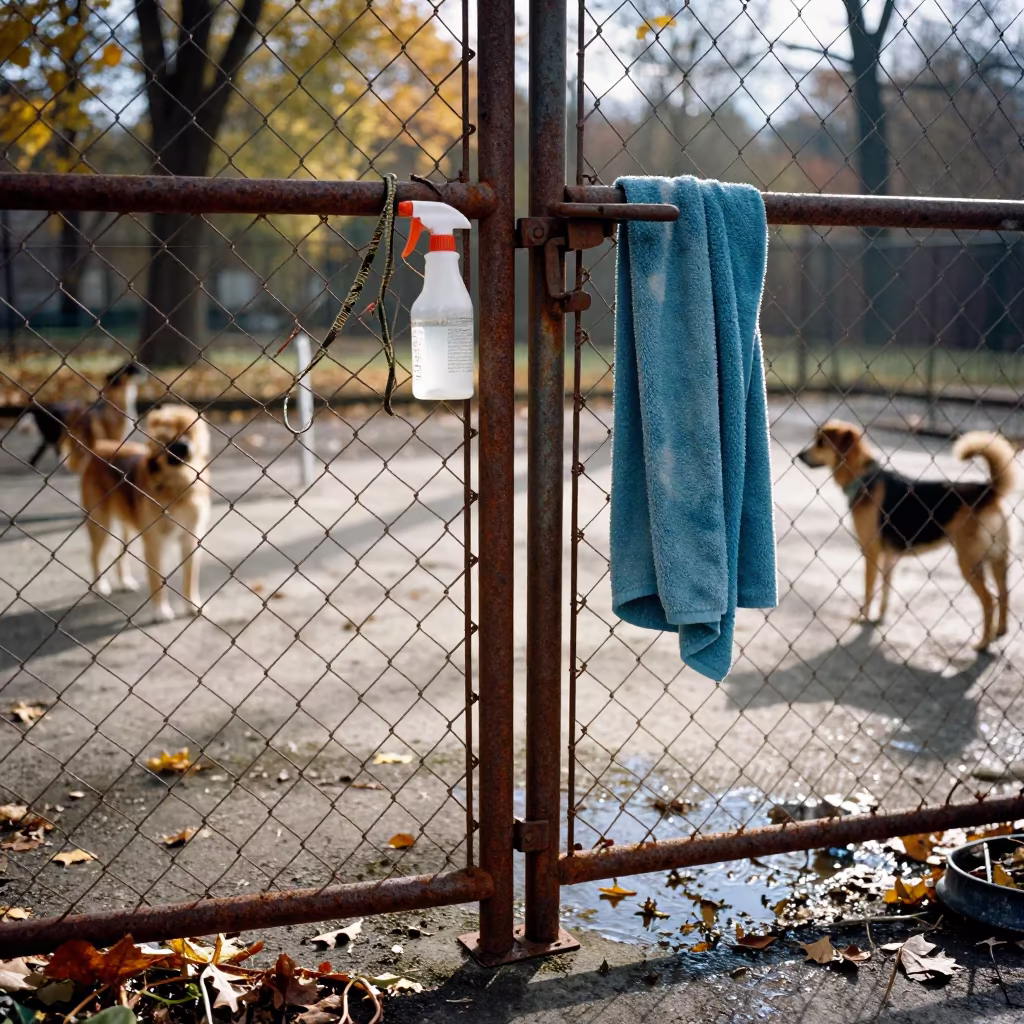 Dog Daycare Yard Cleanup with Leashes and Towels in in an outdoor boarding run in Warsaw