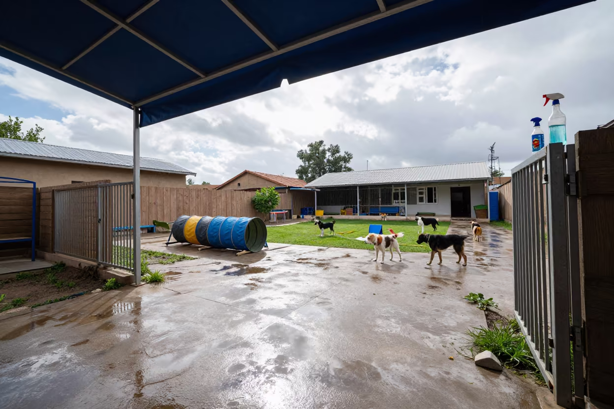 Dog Daycare Yard Gates and Tunnels After Rain in beneath a pet hotel drop-off awning in Kirkuk